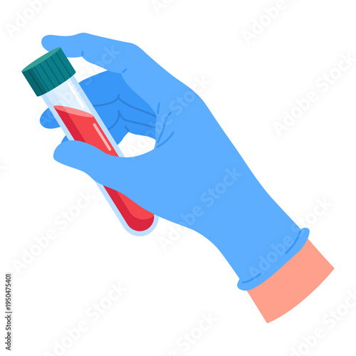 Hand of lab worker wearing medical glove holding blood sample in test tube. Laboratory analysis. Diagnostic examination. Glass flask in doctor arm palm. Bloody