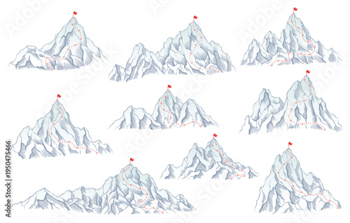 Mountains climbing routes to top rock with red flag on peak. Business journeys path in progress, way to success or concept of goal. Vector illustration