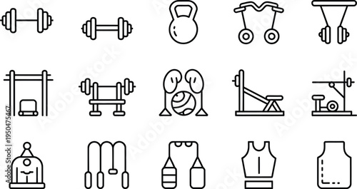 Gym Equipment Icons: Dumbbells, Treadmill, Barbell, Bench, Punching Bag