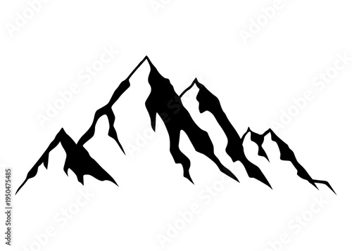 Black mountain, hill and rock silhouette. Vector rocky range and ridge with snow peaks and tops. Mountain nature landscape silhouette, hiking sport, tourism, outdoor adventure and camping themes