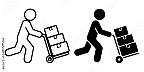 Stick figures pushing hand trucks with boxes side by side moving quickly
