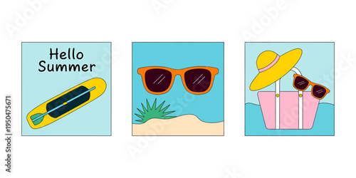 Summer vacation accessories and beach items illustrations set