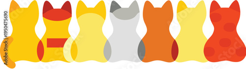 Seven colorful cartoon cats sitting in a row looking cute and playful together isolated on white background