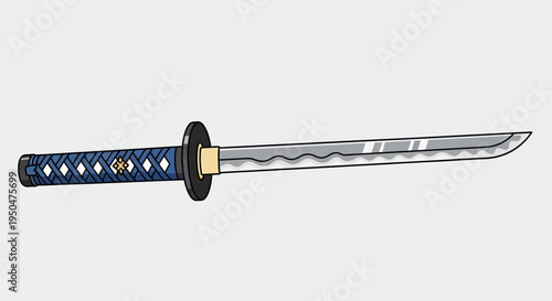Japanese Katana Sword with Blue Handle and Decorative Blade