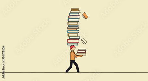 Man Balancing Stack of Books on Head and Arms, Overwhelmed by Knowledge