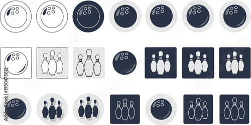 Bowling Ball and Pins Icon Set with Strike Symbols, Bowling Alley Game Elements, and Sport Recreation Graphics for Tournament, Club, and Entertainment Design