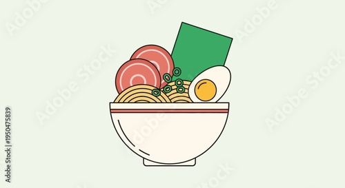 Minimalist Ramen Bowl Illustration: Delicious Japanese Noodle Soup with Egg and Meat