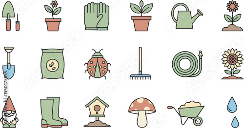 Gardening tools and icons for planting flowers and plants
