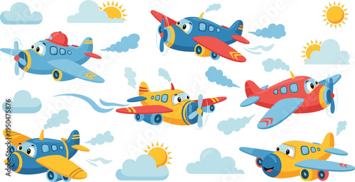Cute Cartoon Airplane Collection with Smiling Aircraft Characters, Clouds and Sun Elements for Kids Aviation Illustrations, Nursery Designs, Educational Graphics, and Travel Themes