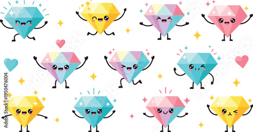 Cute Cartoon Diamond Gem Character Set with Smiling Precious Crystals, Colorful Jewel Mascots, and Sparkle Elements for Kids Design, Luxury Themes, and Treasure Illustrations