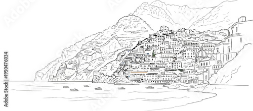 A detailed line drawing of a coastal town built into a steep mountainside