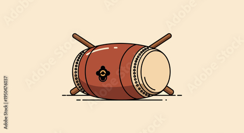 Traditional Japanese Taiko Drum with Drumsticks on Beige Background