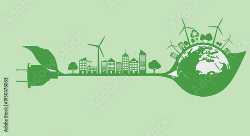 Green energy concept vector illustration with city skyline, wind turbines, and Earth globe on a leaf-shaped power plug, symbolizing sustainable power and environmental protection