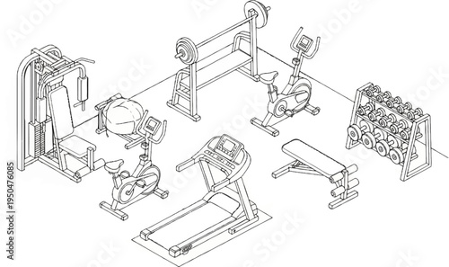 A gym illustration featuring various workout machines and weights on a white background