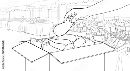 A hand places an eggplant into a box at a busy outdoor market stall