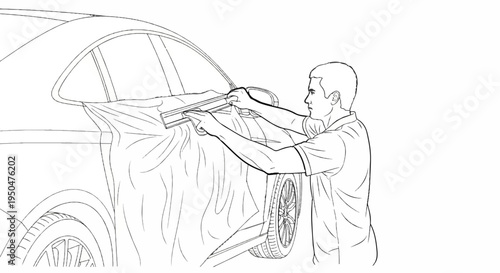 Person applying vinyl wrap to car window with a squeegee tool