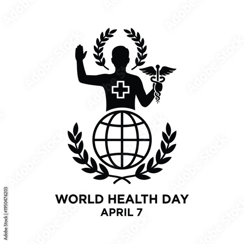Health worker standing on globe with medical symbol and laurel wreaths on World Health Day
