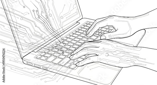 Stylized illustration of hands typing on a laptop with circuitry overlays