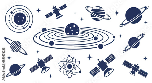 Cosmic Space Icons: Planets, Satellites, Stars & Atom