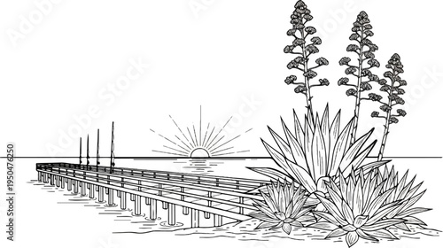 A tranquil ocean pier stretches into the sea at sunrise with blooming desert plants