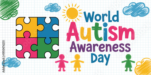 World Autism Awareness Day colorful illustration with puzzle pieces and children  promoting acceptance