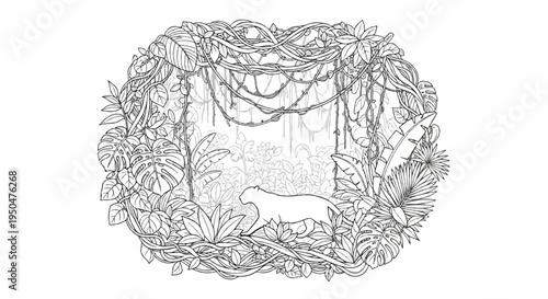A black and white illustration of a panther in a dense jungle with hanging vines