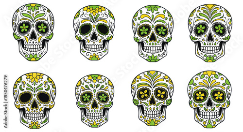 Day of the Dead sugar skulls with floral patterns in green and yellow