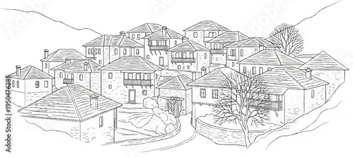 Stone buildings with tiled roofs cluster on a hillside with bare trees