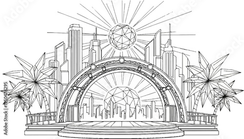 Stylized Art Deco cityscape with crystalline sun, geometric palm trees, and grand stage