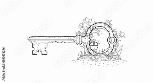 An ornate key with flowers and grass sprouts from the soil