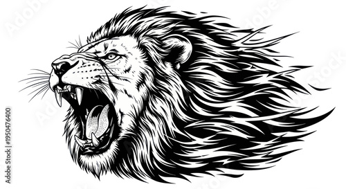 Fierce Lion Head Roaring - Black and White Illustration