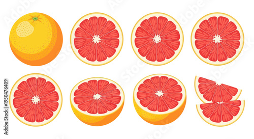 Fresh Grapefruit Slices and Whole Fruit, Vibrant Pink Citrus on White Background