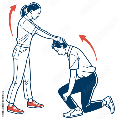A woman demonstrates a stretching exercise for a man kneeling on one knee.