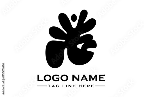 Black silhouette logo with abstract floral design and sample text on a white background.