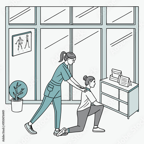 A physical therapist assisting a patient with a knee exercise in a modern clinic