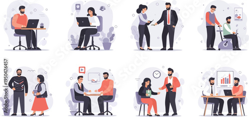 Office scenes with people working, exercising, and collaborating