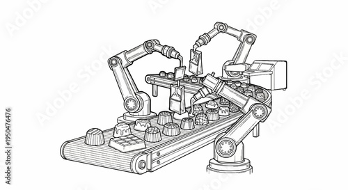 Robotic arms precisely assemble chocolates on an automated production line