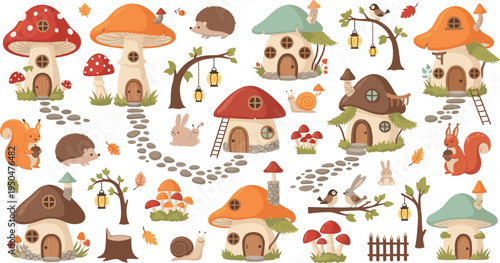 Cute Cartoon Mushroom Houses Village with Forest Animals, Trees, Snails, Rabbits, Squirrels, and Whimsical Fairy Tale Woodland Elements for Children Illustration Design