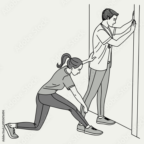 A vector graphic illustration of a man and woman performing a stretching exercise together