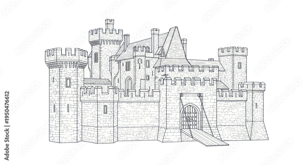 Obraz premium Medieval Castle Fortress Drawing, Stone Walls, Towers, Gatehouse, Rampart, Fortification