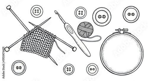 Knitting, Crochet, Sewing Supplies: Needles, Yarn, Buttons, Hoop - Hand Drawn