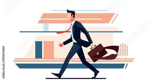 Businessman in Suit Rushing to Work with Briefcase, Modern Cityscape Background