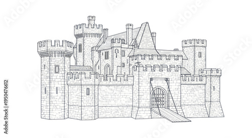 Medieval Castle Fortress Drawing, Stone Walls, Towers, Gatehouse, Rampart, Fortification