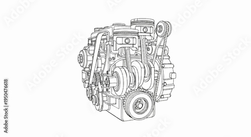 Detailed line art illustration of an internal combustion engine's components