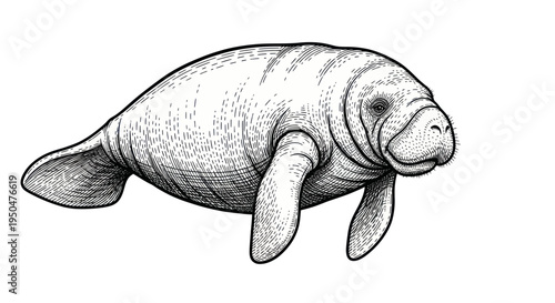 Manatee Sketch Drawing Illustration - Gentle Sea Cow Aquatic Mammal