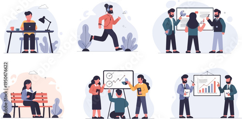People working, exercising, and presenting data in various scenes