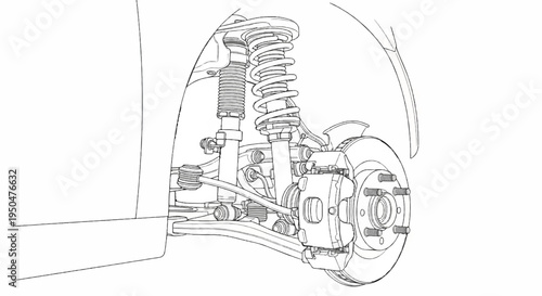 Detailed technical drawing of a car's suspension system, highlighting brake components