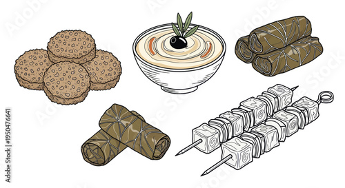 Middle Eastern Food Selection: Hummus, Falafel, Dolma, and Kebab Illustration