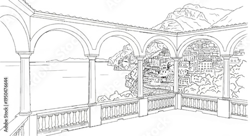 Ornate balustrade balcony overlooks Italian seaside village nestled on cliffs