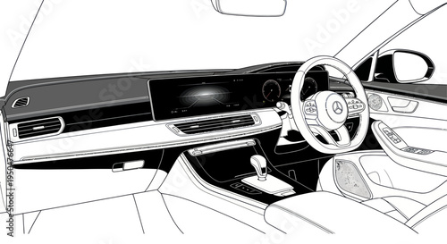 Modern Car Interior Dashboard Display and Steering Wheel Line Art
